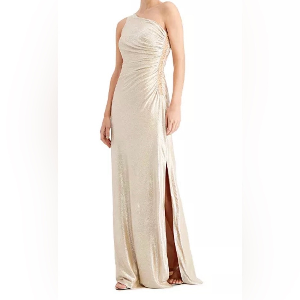 Calvin Klein One Shoulder Metallic Gown Gold